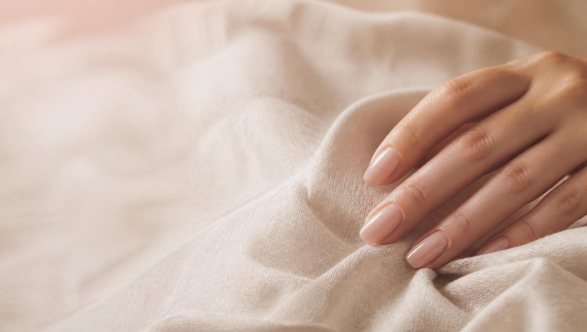 Soft nude manicure resting on ivory linen