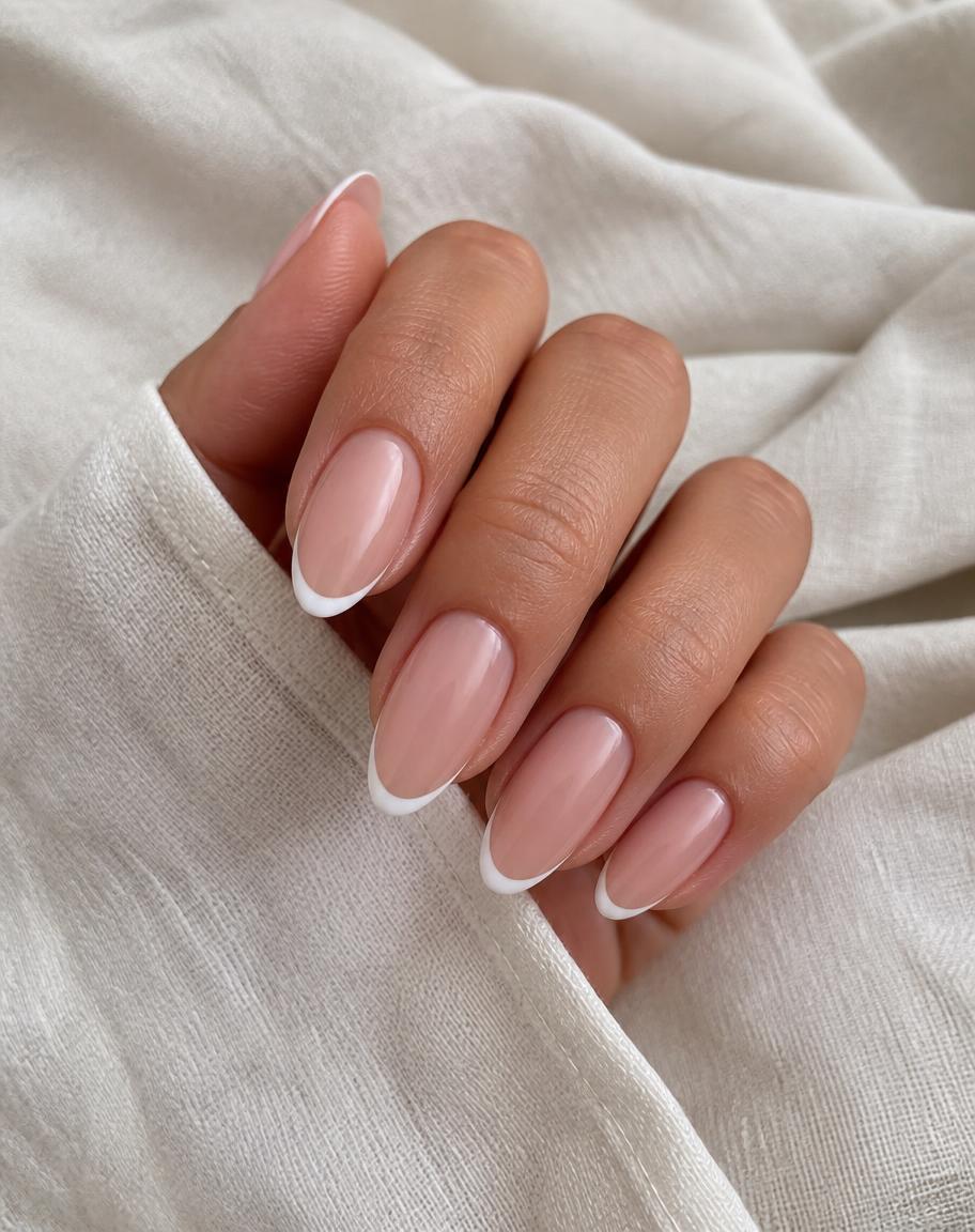 Nude almond nails with soft white french tips